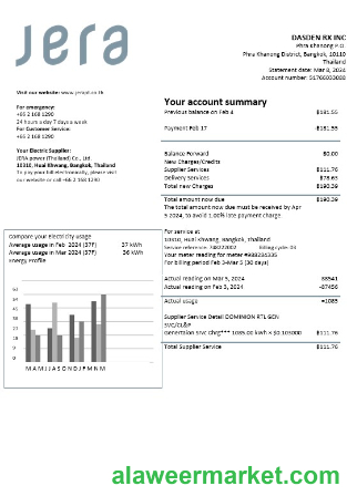 Thailand JERA power business utility bill template in Word and PDF formats